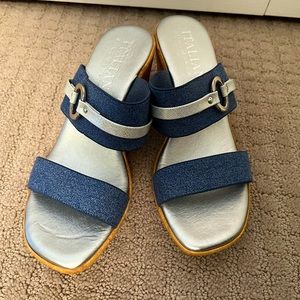 Denim and silver wedge sandals
